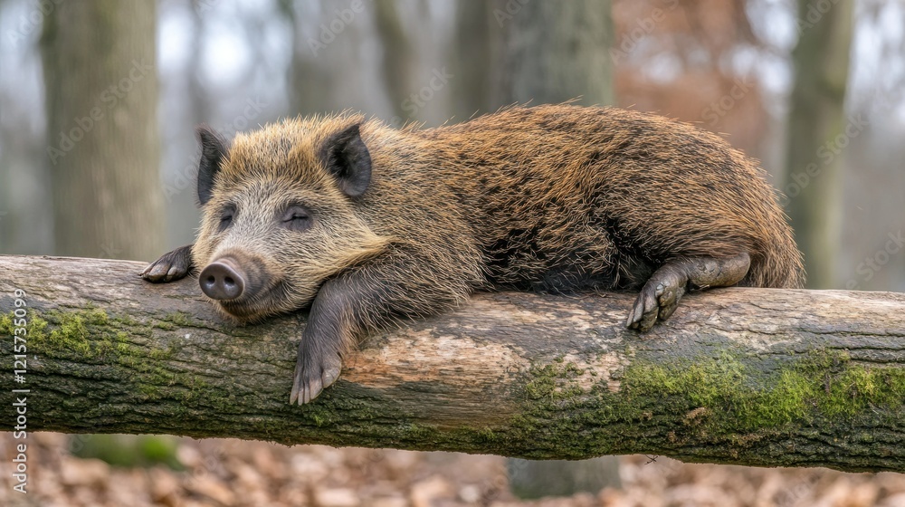 Obraz premium Wild boar resting on log, autumn forest, nature