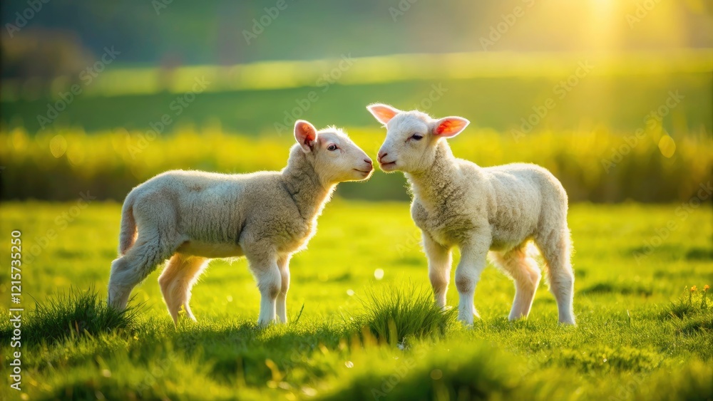 Adorable Twin Lambs Spring Farm Pasture - Cute Baby Sheep Idyllic Countryside Scene