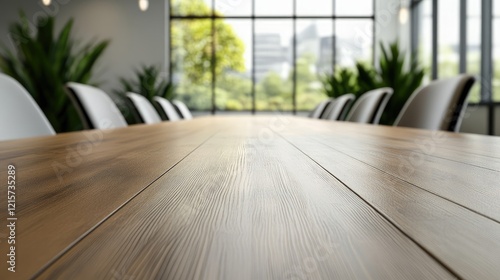 Corporate Conference Room with Wooden Table and Modern Chairs in Sunlit Office Overlooking Cityscape with Greenery Elements photo