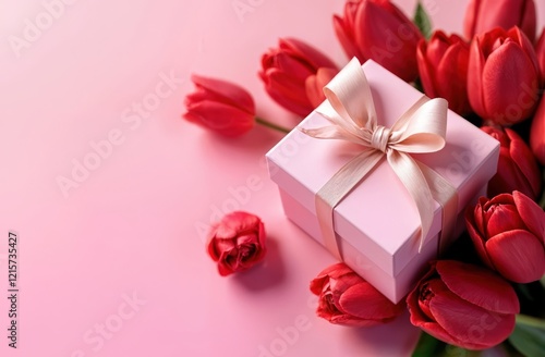 A Charming Pink Gift Box Delicately Surrounded by Beautiful, Vibrant Red Tulips Blooms