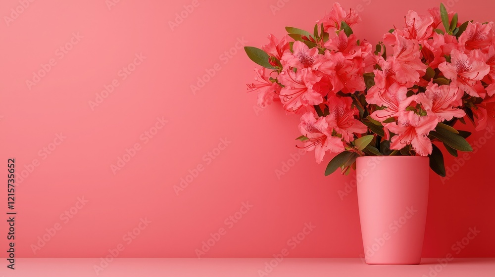 A vibrant bouquet of pink flowers in a matching vase against a soft pink background. A vibrant bouquet of pink flowers in a matching vase against a soft pink background.