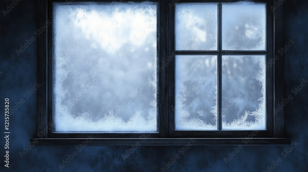 Fototapeta premium Frosted window pane with a winter landscape blurred in the background creating a serene cold atmosphere