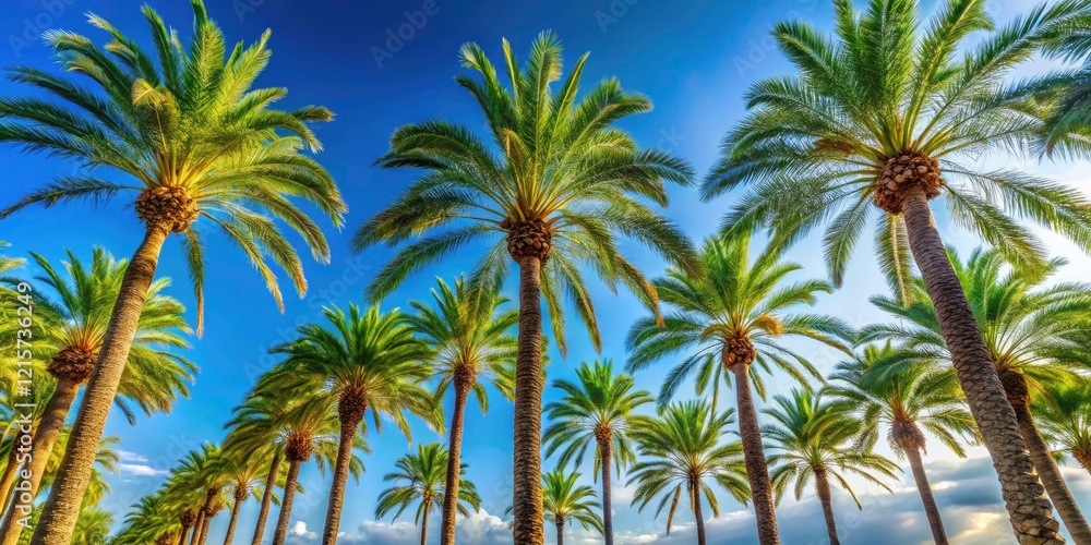 Low Angle View of Palm Trees Against Blue Sky in Costa Blanca, Spain - Tropical Paradise Landscape Photography Low Angle View of Palm Trees Against Blue Sky in Costa Blanca, Spain - Tropical Paradise Landscape Photography