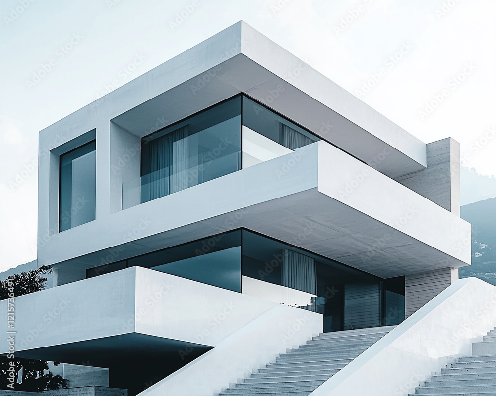 Modern white house with glass windows and balcony. Modern white house with glass windows and balcony.