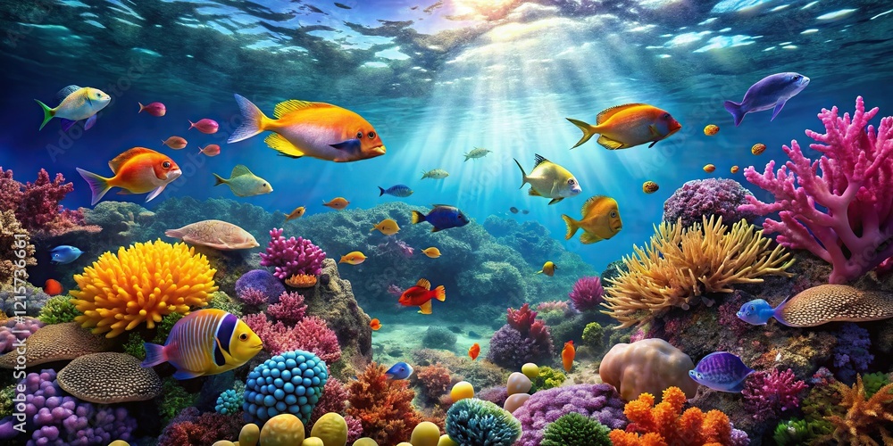 Fototapeta premium Colorful coral reef scene with tropical fish swimming freely, blue, landscape, colorful, water, tropical fish