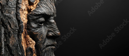 Carved tree sculpture with detailed facial features on textured bark against black background, emphasizing craftsmanship and artistic design. photo