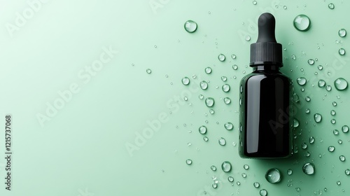 Cosmetic water quenching serum in black glass dropper bottle with water droplets on mint green background and ample copy space for text photo