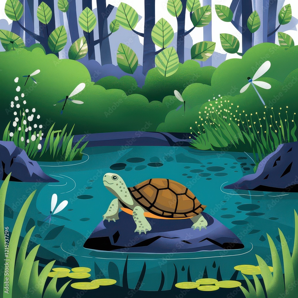 Fototapeta premium Turtle basking on a rock by a pond