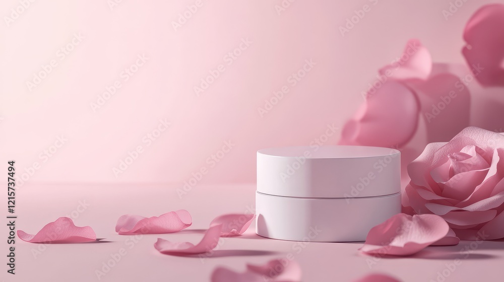 Cosmetic product mockup featuring a white container surrounded by pink rose petals on a soft pink background. Ideal for beauty branding. Cosmetic product mockup featuring a white container surrounded by pink rose petals on a soft pink background. Ideal for beauty branding.