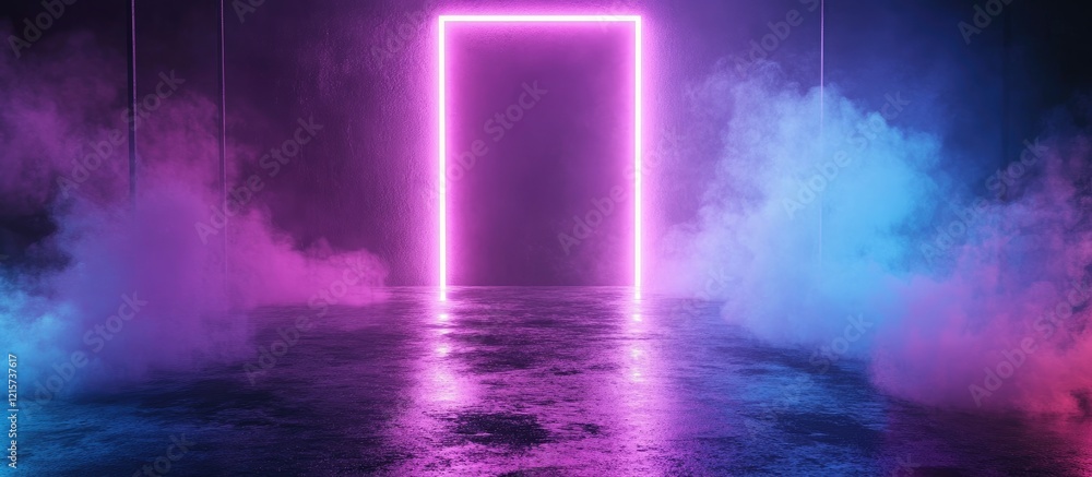 Neon Smoke in Purple and Blue Lights with Open Portal and Empty Copyspace for Text in a Futuristic Atmosphere Neon Smoke in Purple and Blue Lights with Open Portal and Empty Copyspace for Text in a Futuristic Atmosphere