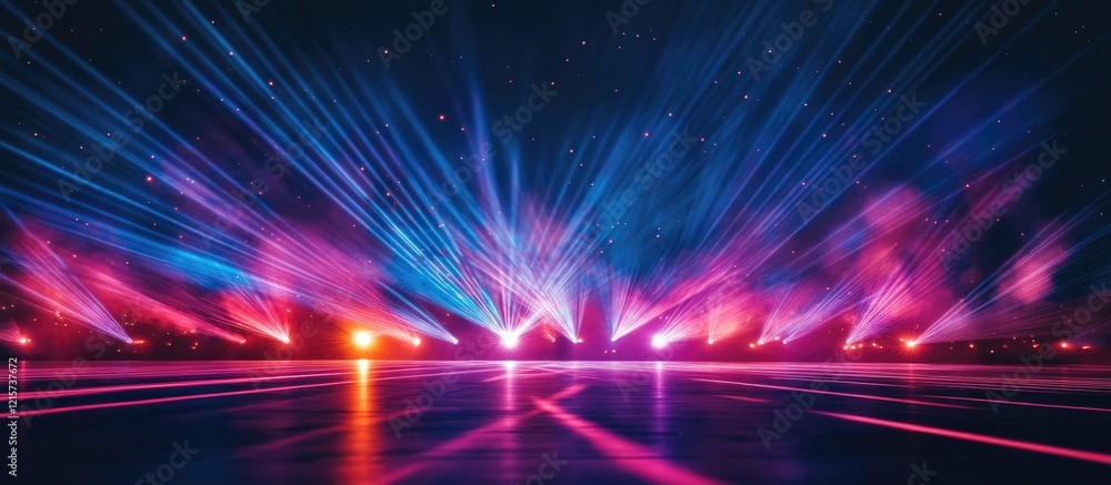 Vibrant LED laser light show creating dynamic patterns in the night sky with open space for text overlay Vibrant LED laser light show creating dynamic patterns in the night sky with open space for text overlay