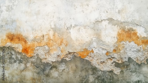 Weathered cement wall with textured surface showcasing peeling paint and rust stains, ideal for backgrounds and design concepts. photo