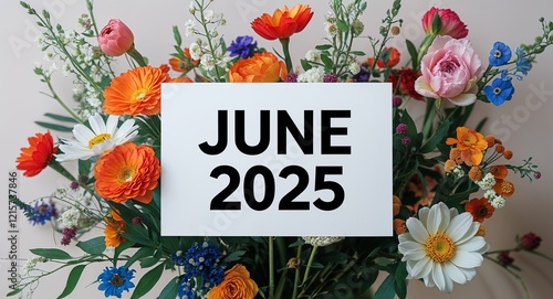 june 2025 lettering on plain white card on bouquet of flowers background