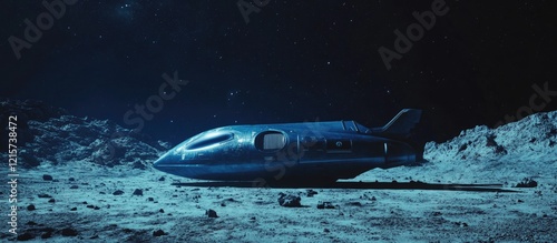 Wallpaper Mural Blue spaceship on barren lunar surface surrounded by dark space, featuring ample empty space for text and futuristic design elements. Torontodigital.ca