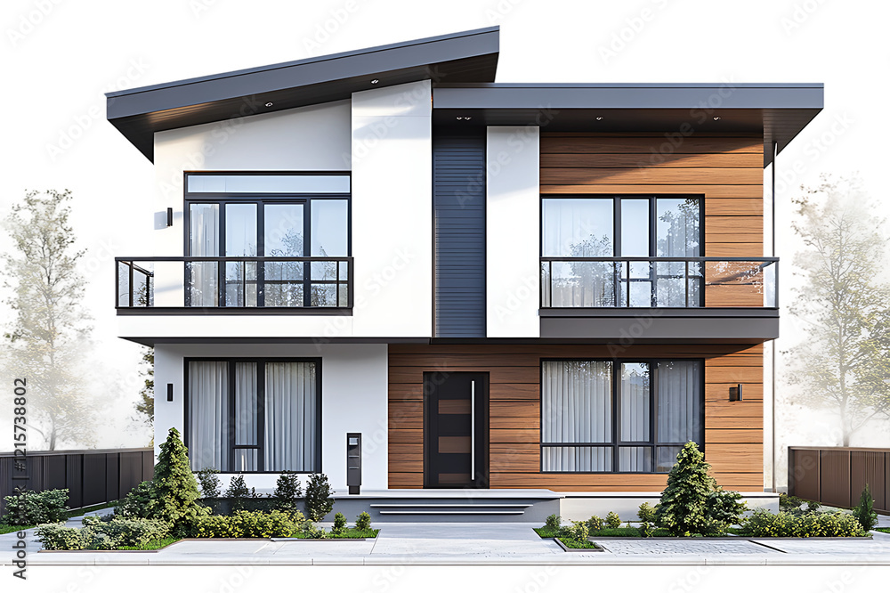 Fototapeta premium 3D modern house model white color with brown roof isolated on a transparent background