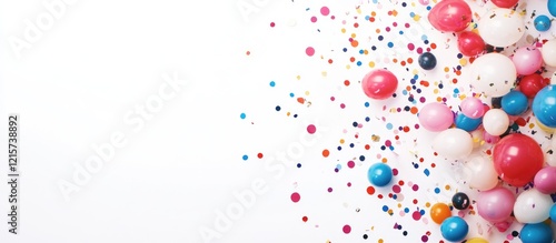 Colorful Balloons and Confetti for 90th Celebration on Bright White Background with Space for Personalizable Text and Messages