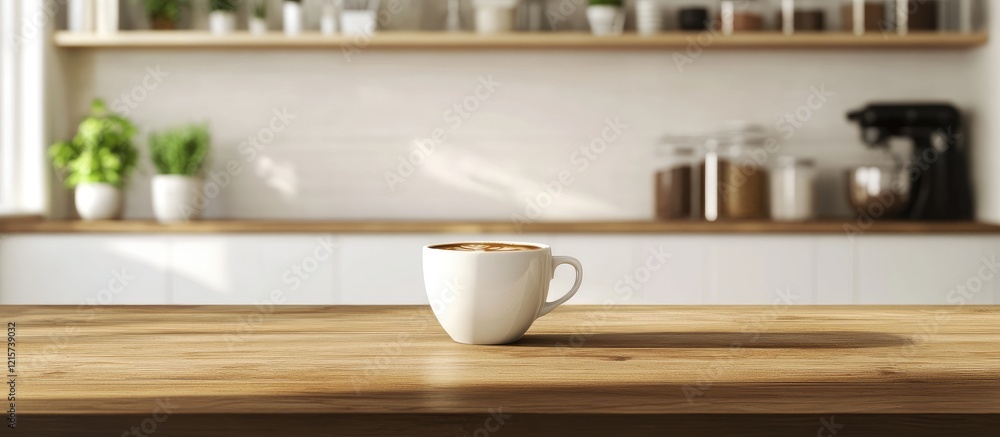 Mocha Latte in White Coffee Cup on Rustic Wooden Table in Bright Kitchen with empty space for text and decor accents in background Mocha Latte in White Coffee Cup on Rustic Wooden Table in Bright Kitchen with empty space for text and decor accents in background