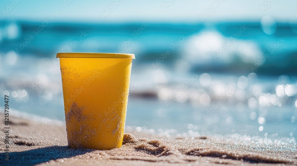 Chilled beverage cup on sandy beach shore with ocean waves background summer party vibe empty space for refreshing drink text Chilled beverage cup on sandy beach shore with ocean waves background summer party vibe empty space for refreshing drink text