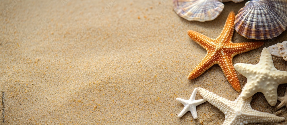 Coastal Scene with Seashells and Starfish on Sandy Beach Ideal for Background or Copyspace for Text in 4K UHD Quality Coastal Scene with Seashells and Starfish on Sandy Beach Ideal for Background or Copyspace for Text in 4K UHD Quality
