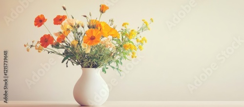 Wallpaper Mural Elegant arrangement of orange and yellow wildflowers in a white vase with neutral background suitable for adding text or design elements Torontodigital.ca
