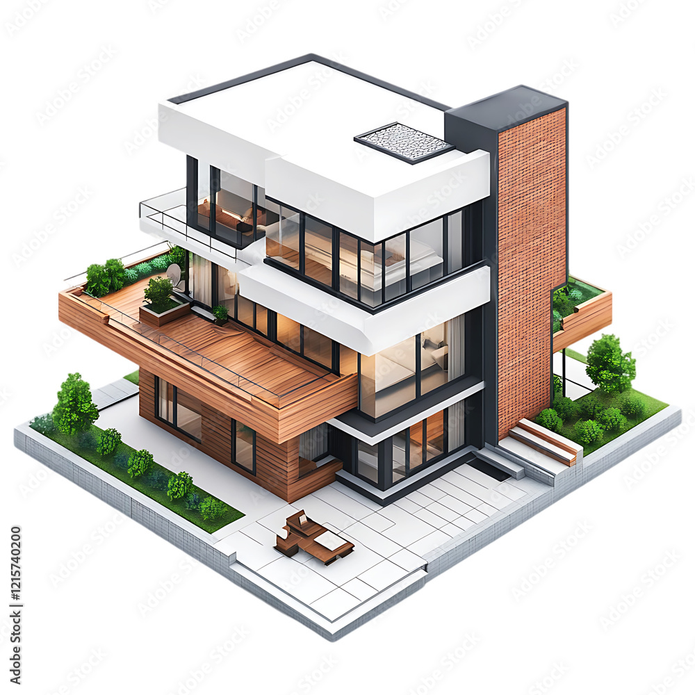 3D modern house model white color with brown roof isolated on a transparent background 3D modern house model white color with brown roof isolated on a transparent background