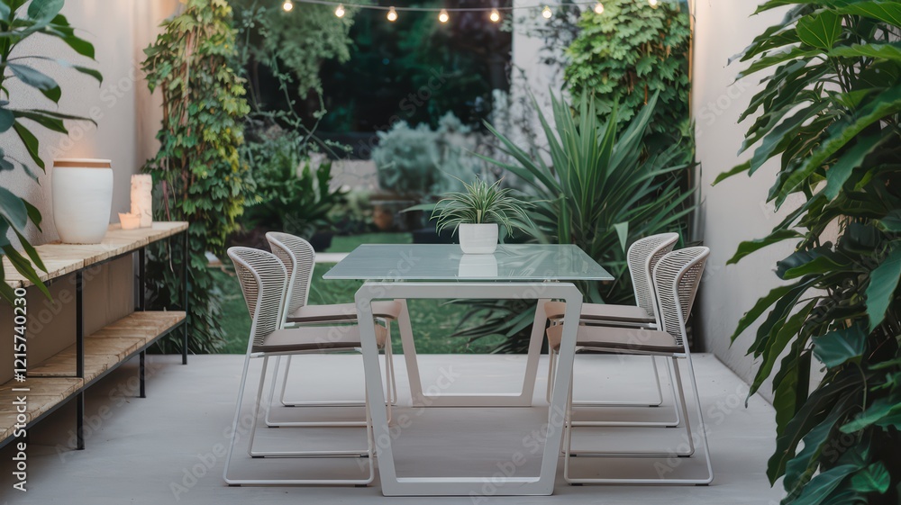 Fototapeta premium Modern outdoor patio table set with plants