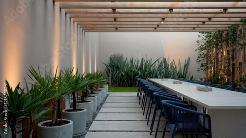 Outdoor dining area with long table and blue chairs.