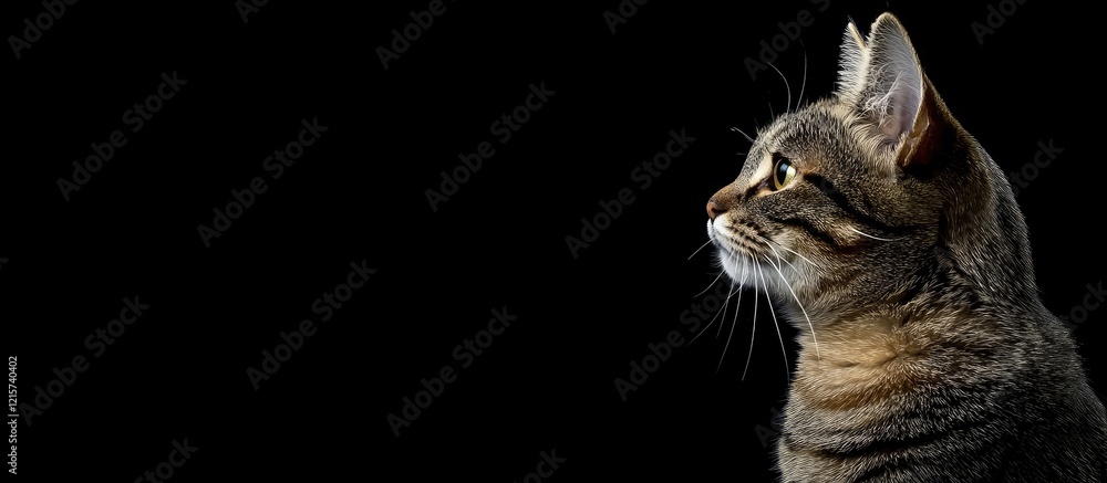Obraz premium Portrait of a charming tabby cat against a dark background with ample copyspace for text or branding purposes.