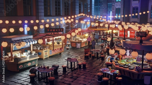 Night market food stalls with warm lighting