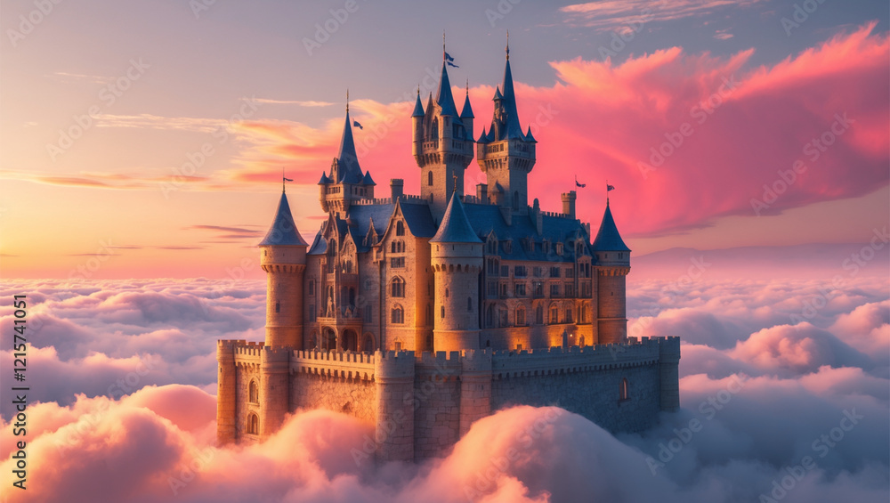 Majestic castle above the clouds at sunset, bathed in warm light against a pink sky Majestic castle above the clouds at sunset, bathed in warm light against a pink sky