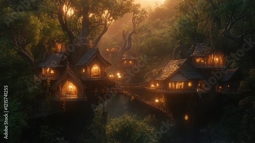 Enchanted Forest Village at Dusk with Twinkling Lights and Cozy Homes Nestled Among Lush Trees and Reflecting in Calm Waters
