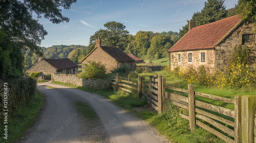 Obraz premium Stone Cottages Rural Roadside Countryside Scene