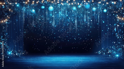 Enchanting blue-themed Christmas stage with glowing decorations and sparkling night background creating a festive winter atmosphere.
