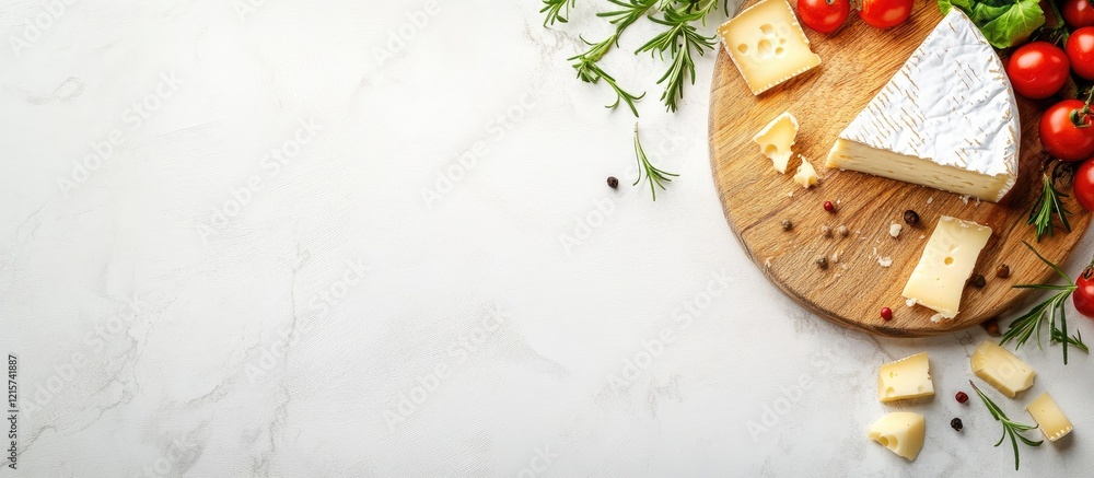 Cheese board arrangement with fresh ingredients on a bright summer background and ample copyspace for your text or branding needs Cheese board arrangement with fresh ingredients on a bright summer background and ample copyspace for your text or branding needs