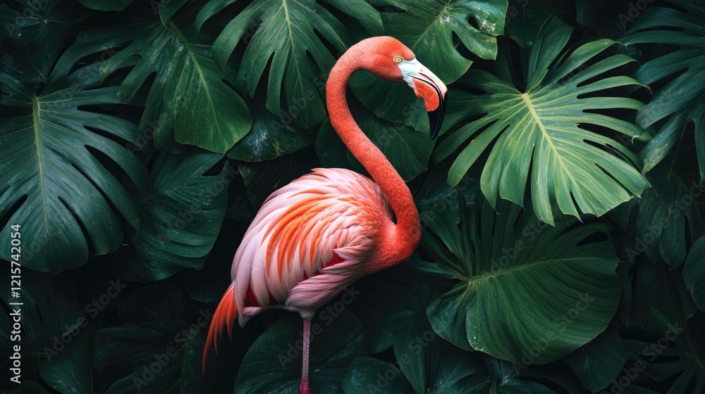 Fototapeta premium Tropical backdrop featuring a pink flamingo surrounded by lush palm leaves with ample empty space for text and design elements.