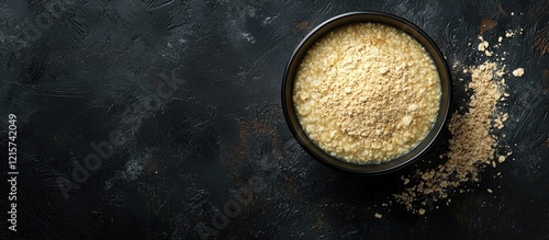 Global food crisis concept with bowl of porridge and breadcrumbs on dark background highlighting hunger scarcity and low food supply themes. photo