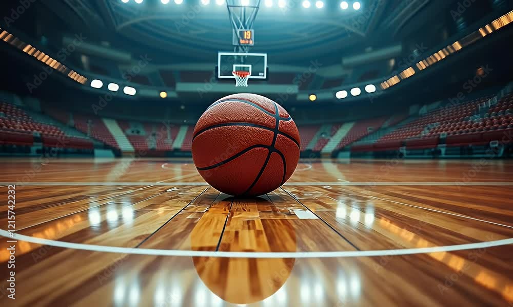 A basketball resting on a polished wooden court, illuminated by bright arena lights. A basketball resting on a polished wooden court, illuminated by bright arena lights.
