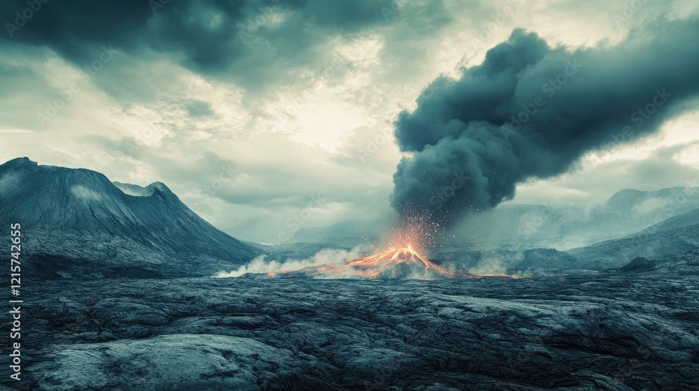 Fototapeta premium Active volcano erupting with ash and flowing lava in a dramatic landscape featuring empty space for text or graphics.