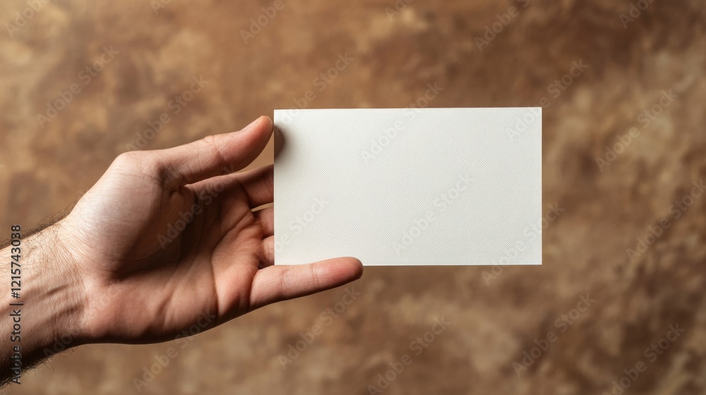 Obraz premium Male hand holding a blank notepad against a textured brown backdrop with ample copy space for text and creative design.