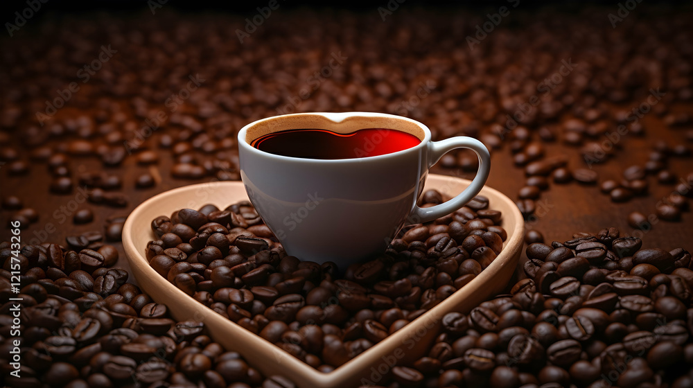 Heart-shaped coffee cup filled with rich dark coffee surrounded by coffee beans Heart-shaped coffee cup filled with rich dark coffee surrounded by coffee beans