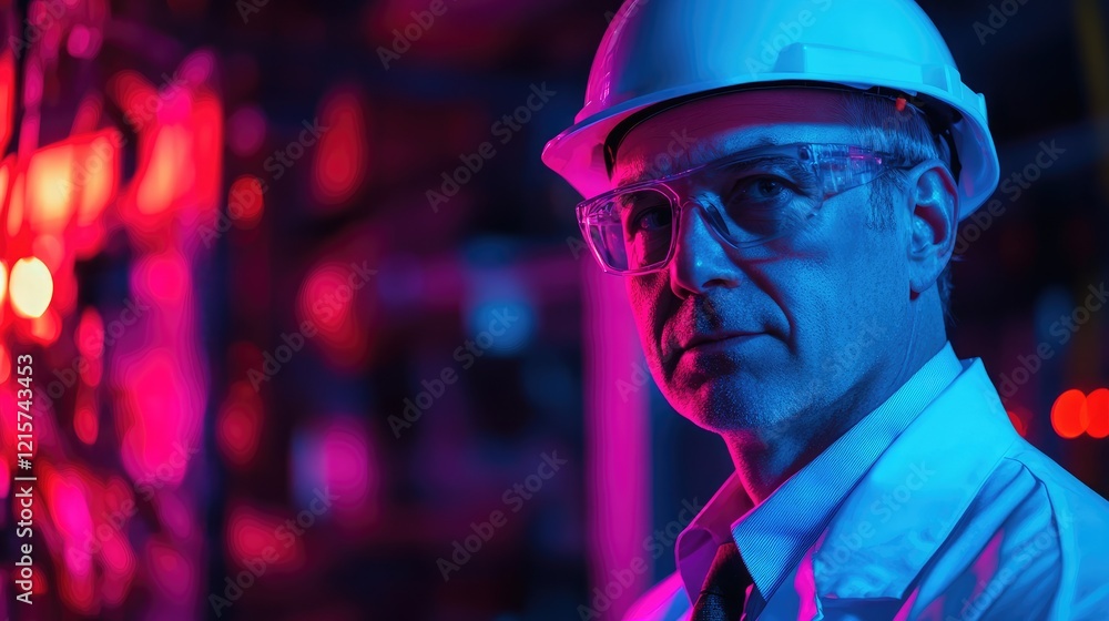Focused senior engineer in hard hat inspecting production plant at night with colorful lights for engineering and manufacturing visuals Focused senior engineer in hard hat inspecting production plant at night with colorful lights for engineering and manufacturing visuals