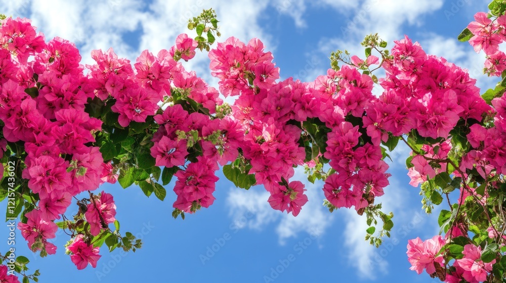 Vibrant pink bougainvillea flowers with lush green leaves against a clear blue sky ideal for decorative background or banner design. Vibrant pink bougainvillea flowers with lush green leaves against a clear blue sky ideal for decorative background or banner design.