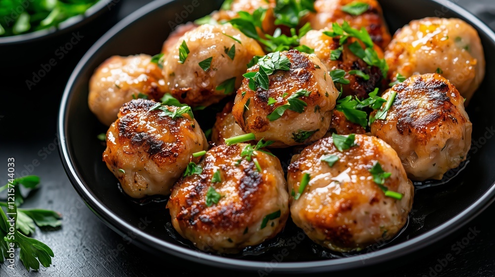 Close-up of delicious, golden-brown meatballs garnished with fresh parsley in a black bowl. Close-up of delicious, golden-brown meatballs garnished with fresh parsley in a black bowl.
