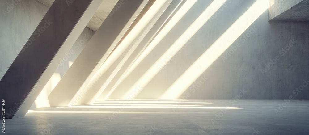 Obraz premium Vacant warehouse interior with dynamic white beams and ample empty space for text lighting and architectural elements