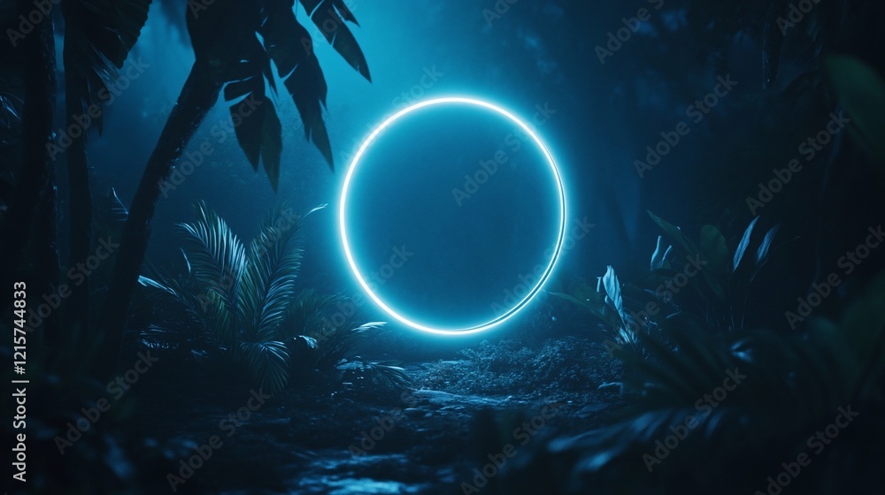 Obraz premium Glowing neon circle in dark jungle.