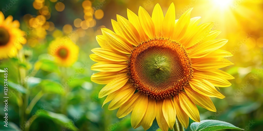 Obraz premium Stunning Panoramic Macro Photography of Vibrant Yellow Sunflower Blossom with Detailed Petals and Lush Green Leaves in Natural Light for Nature and Floral Art Enthusiasts