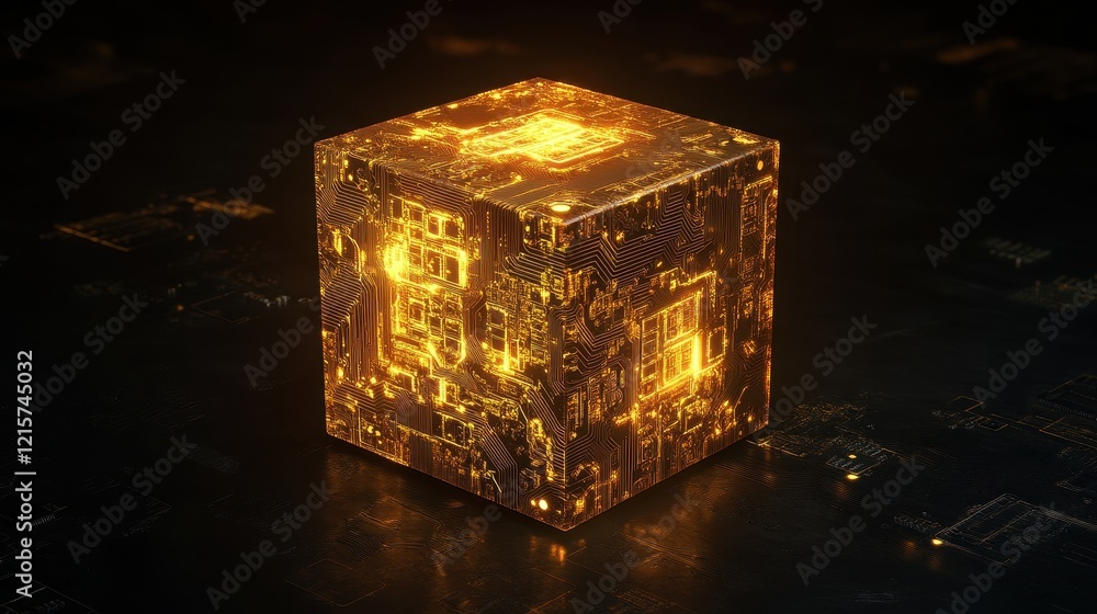 Obraz premium Illuminated golden block on a dark grid showcasing a futuristic digital design