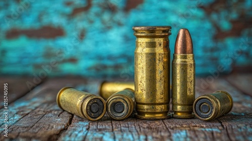 Ammo, wood table, grunge background, crime scene photo