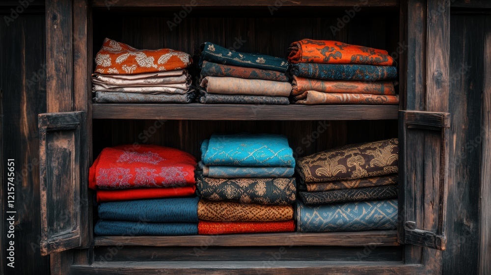 Cozy Collection of Colorful Textiles Stacked Neatly on Wooden Shelves Showcasing Rich Patterns and Textures, Perfect for Home Decor Inspiration and Design Ideas Cozy Collection of Colorful Textiles Stacked Neatly on Wooden Shelves Showcasing Rich Patterns and Textures, Perfect for Home Decor Inspiration and Design Ideas
