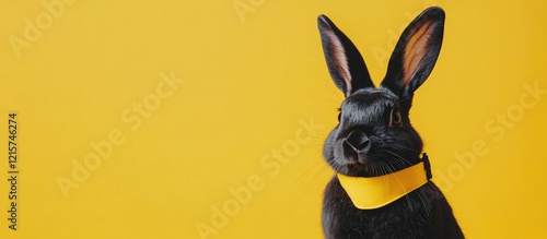 Black rabbit in military collar with yellow bib against vibrant yellow background suitable for text insertion or promotional use photo